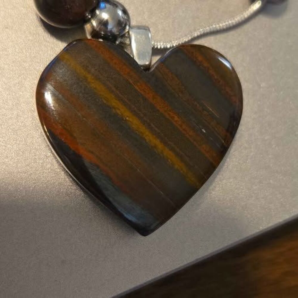 Tiger Iron Heart Pendant on 925 Sterling Silver Chain w/Tiger Eye Beads Necklace